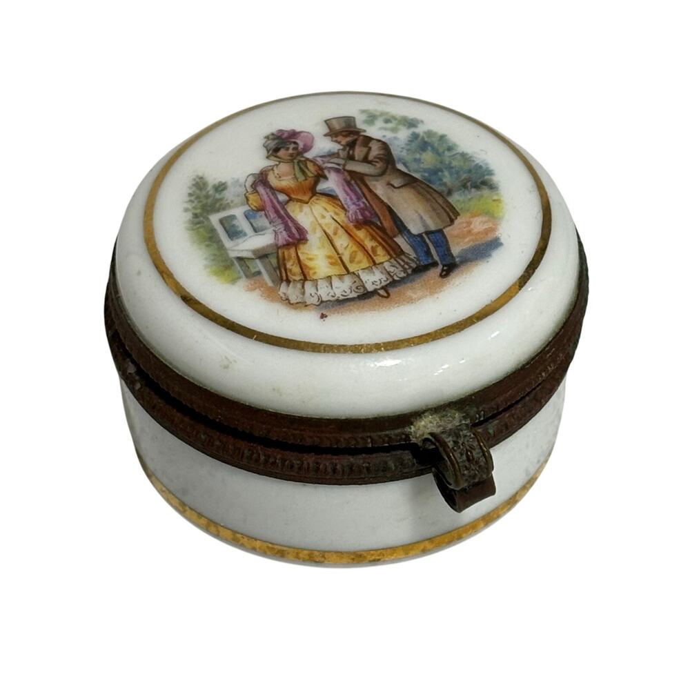 Vintage Porcelain trinket pill box round container hinged lid Victorian Couple